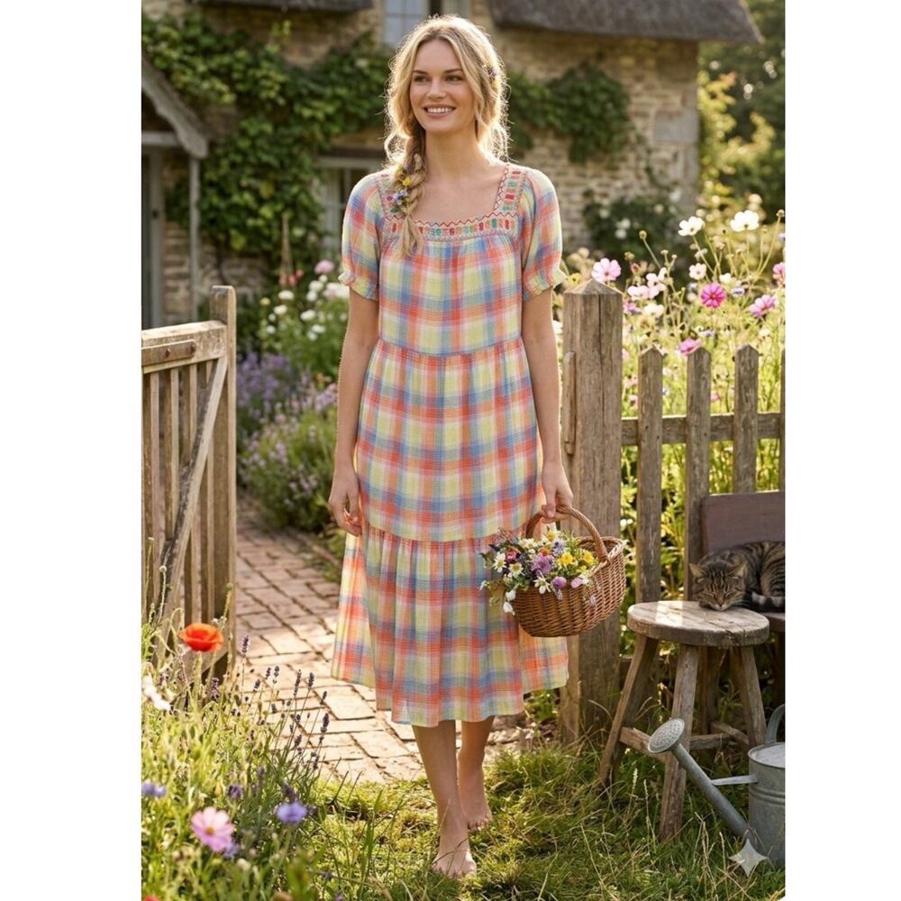 Johnny Was Delancey Midi Dress Womens XL Plaid Cottage Core Prairie Folk Art